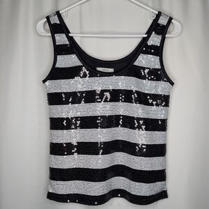Deane Sequin Tank Top Women XS Black White Stripe Scoop Neck Lined Blouse